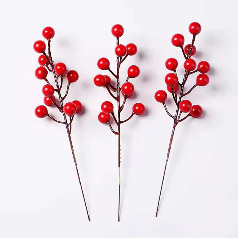 Cành Đào Đông đỏ cherry giả cao cấp 12 nhánh kèm đủ loại phụ kiện trang trí Tết hàng đẹp decor nhà cửa sang trọng