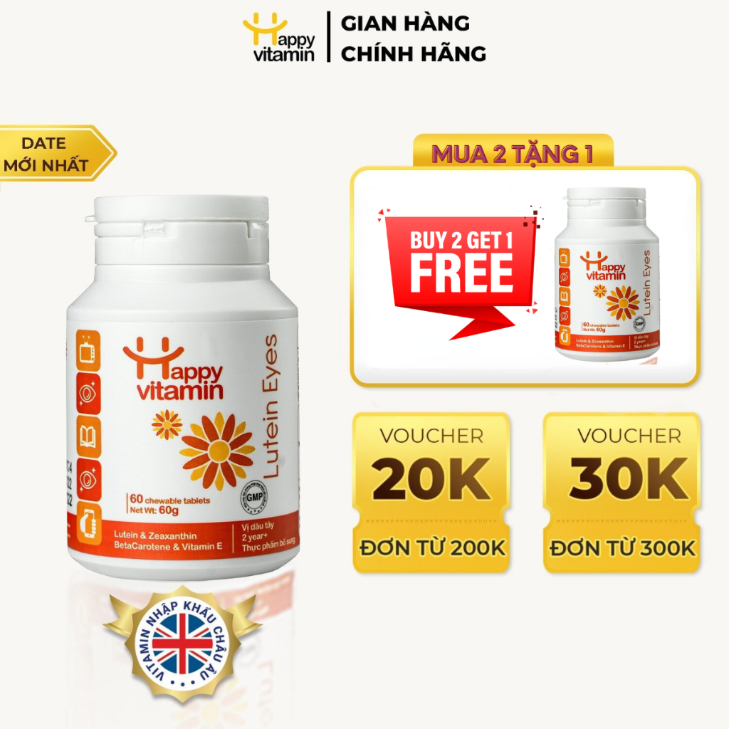 Viên ngậm Bổ Mắt, Giảm nhức mỏi mắt, Cải thiện thị lực Happy Vitamin Lutein Eyes - Bảo vệ mắt trước Tivi,Ipad . . .