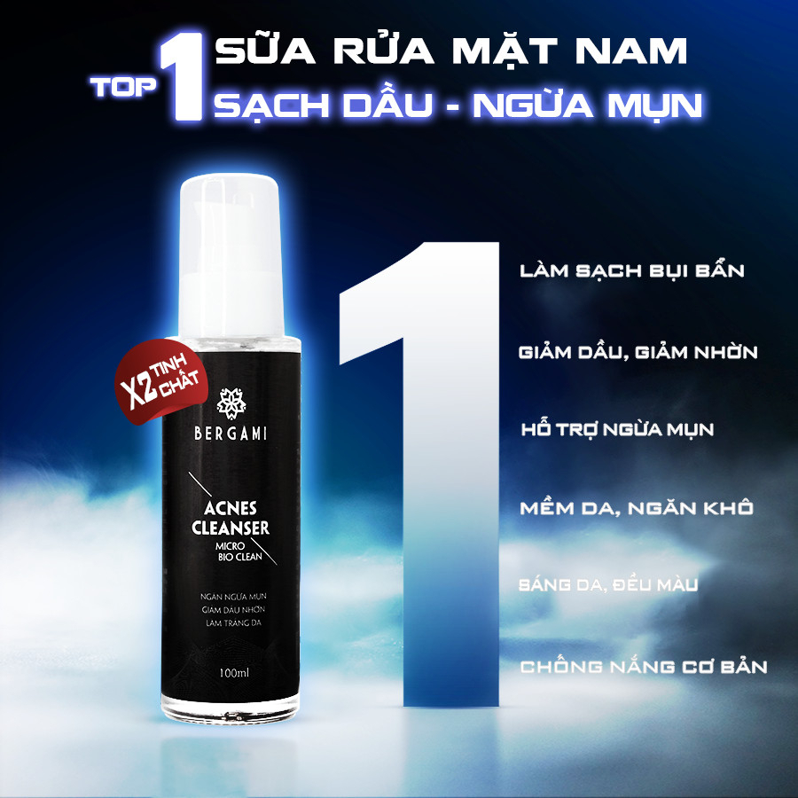 Sữa rửa mặt nam Bergami, 2in1 hương nước hoa cao cấp, sạch nhờn, hết mụn, trắng da, giảm thâm, mụn đầu đen 100ml