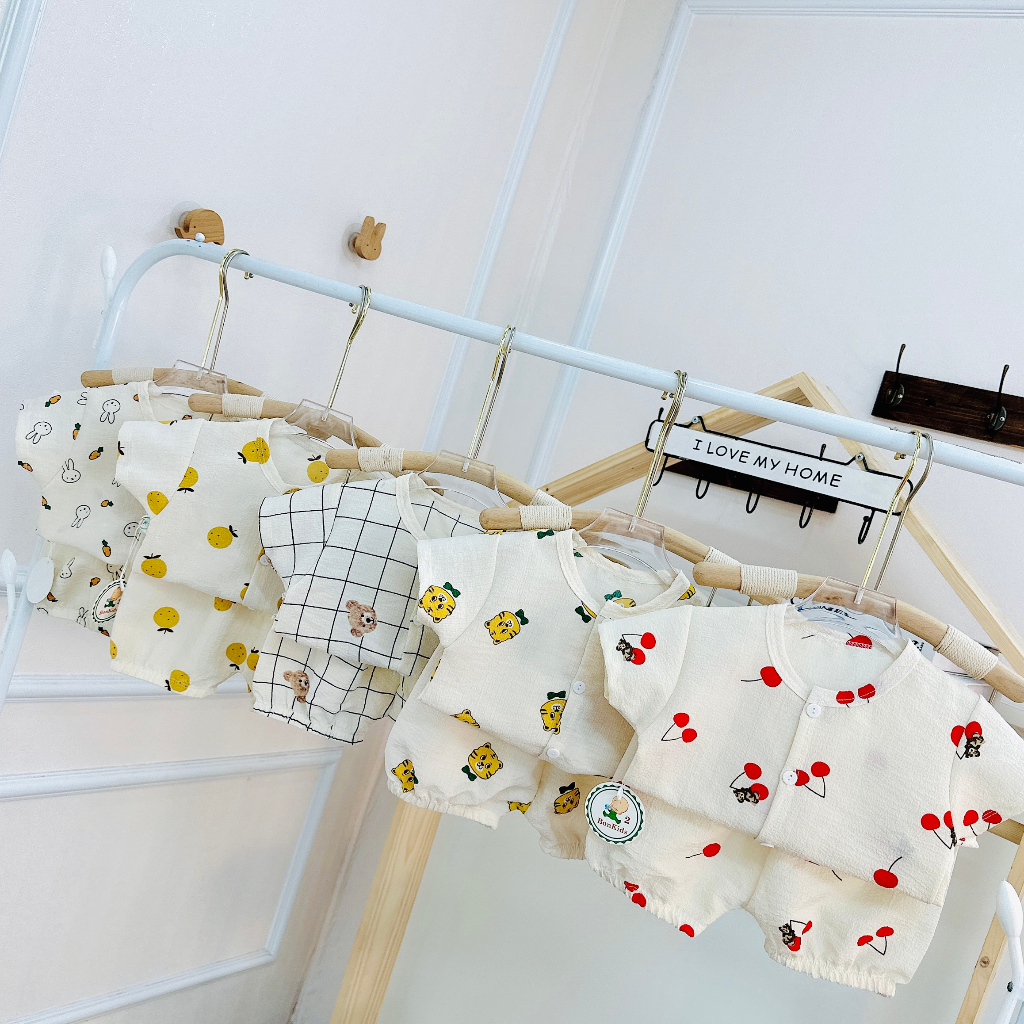 Bộ ngắn tay cho bé sơ sinh 3-15kg vải đũi xốp cao cấp, họa tiết xinh sang BO115