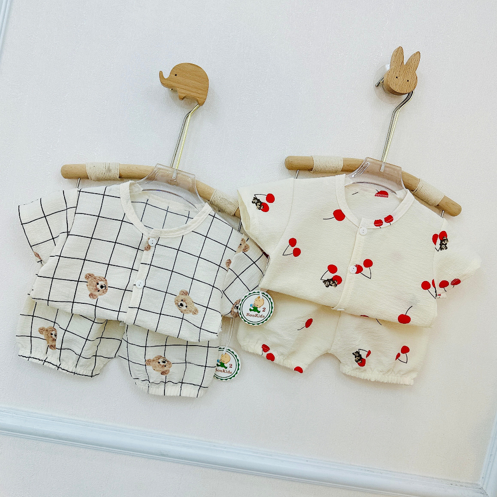 Bộ ngắn tay cho bé sơ sinh 3-15kg vải đũi xốp cao cấp, họa tiết xinh sang BO115