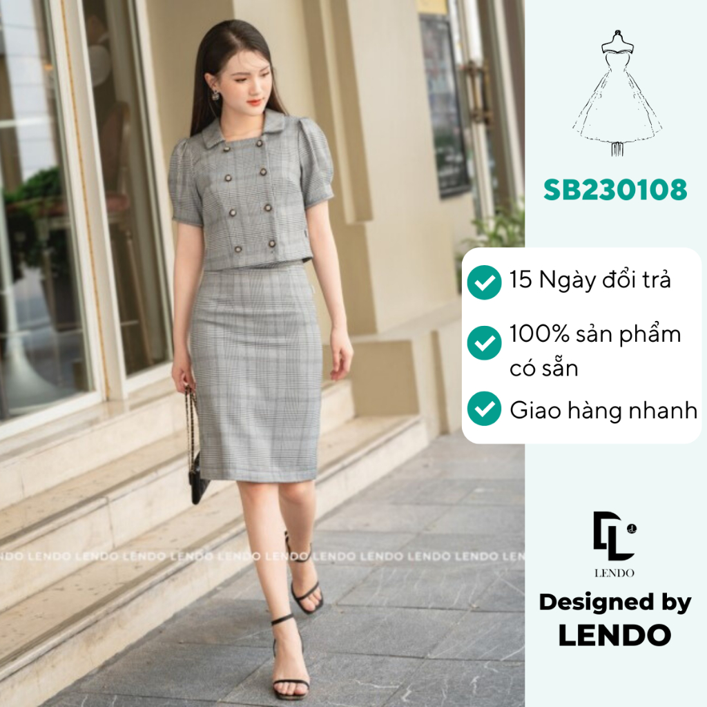 Sét Bộ Kẻ Chân Váy Bút Chì, Set Bộ Công Sở Ngắn Tay LENDO SB230108