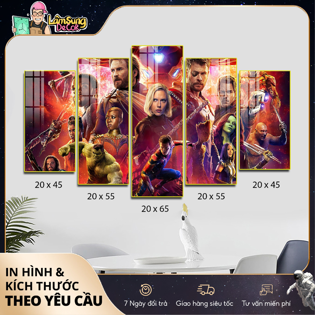 Tranh Treo Tường Marvel Bộ 5 Tráng Gương Iron Man Spider Man Thor Captain Marvel Bảo Hành 12 Tháng