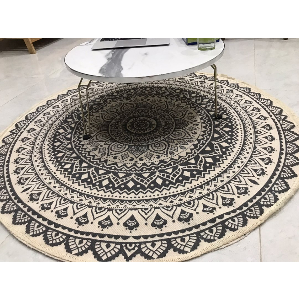 Thảm tròn thổ cẩm trải sàn họa tiết Vintage, hàng cao cấp vải dày đẹp
