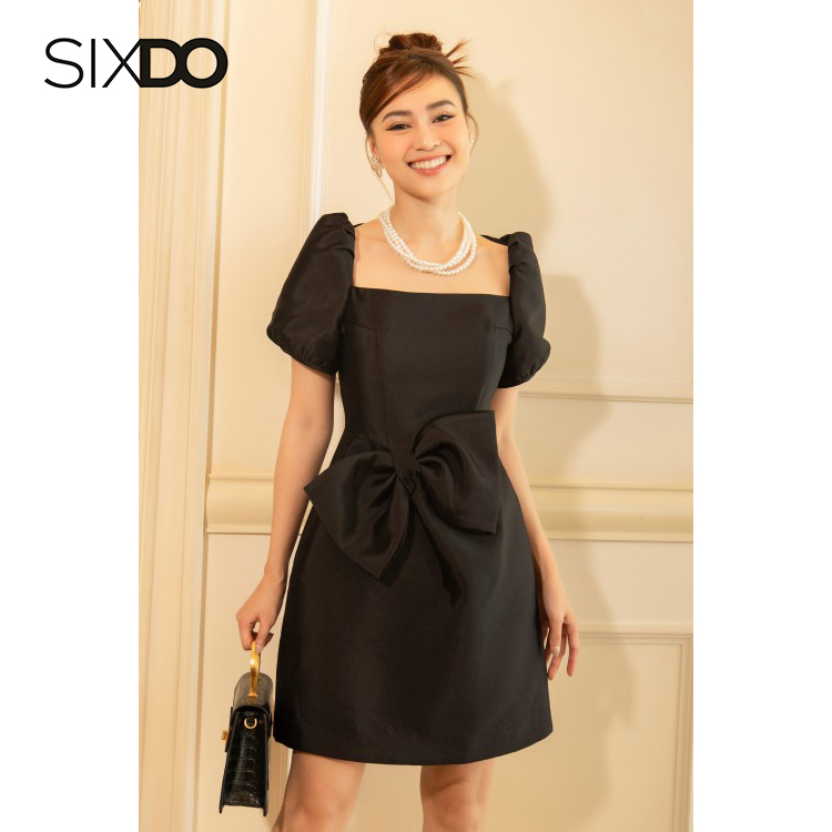 Đầm cổ vuông tay bồng phối nơ eo thời trang SIXDO (Square Neck Mini Taffeta Dress)
