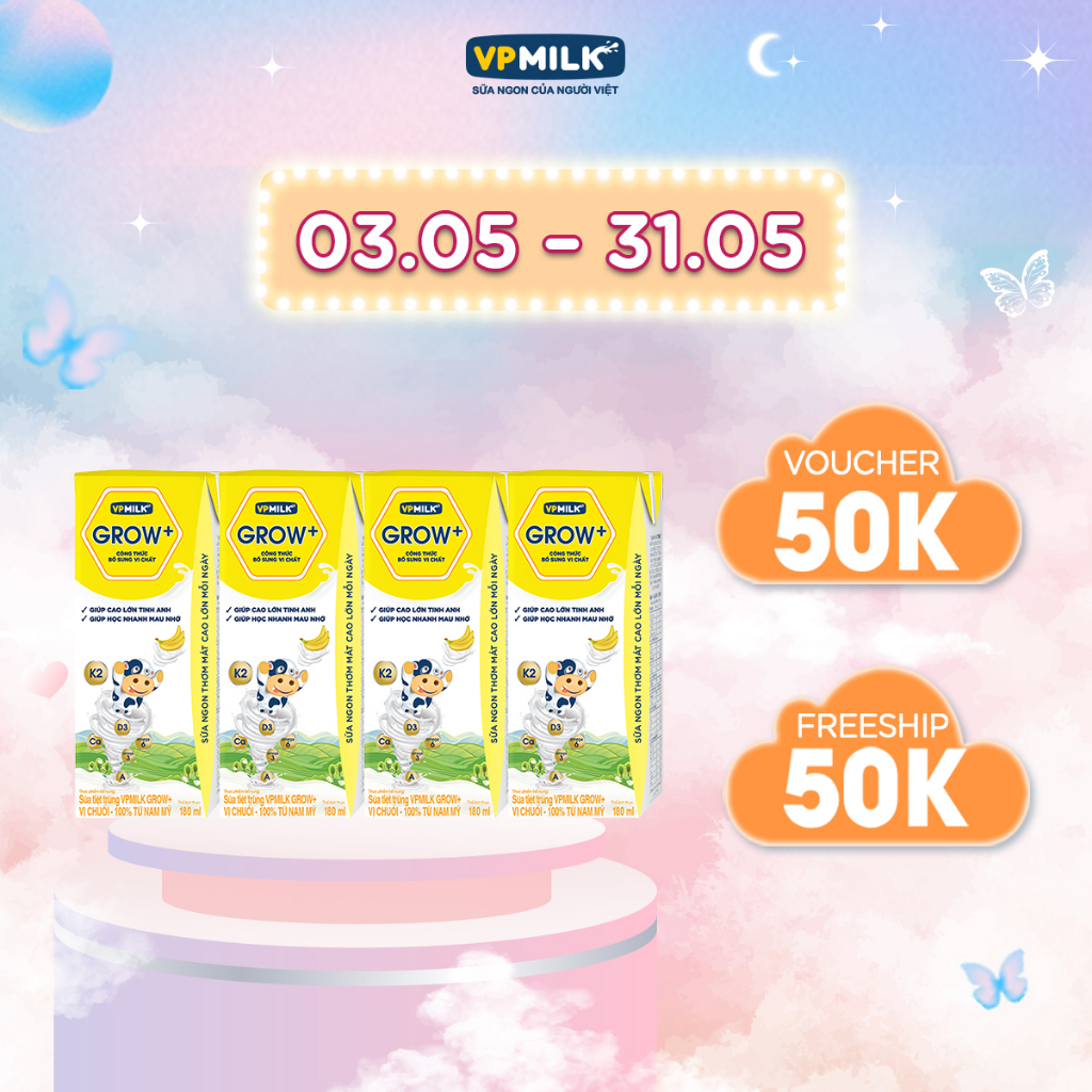 Sữa tiệt trùng VPMilk Grow+ Vị Dâu, Vị Chuối 180ml (lốc 4 hộp)