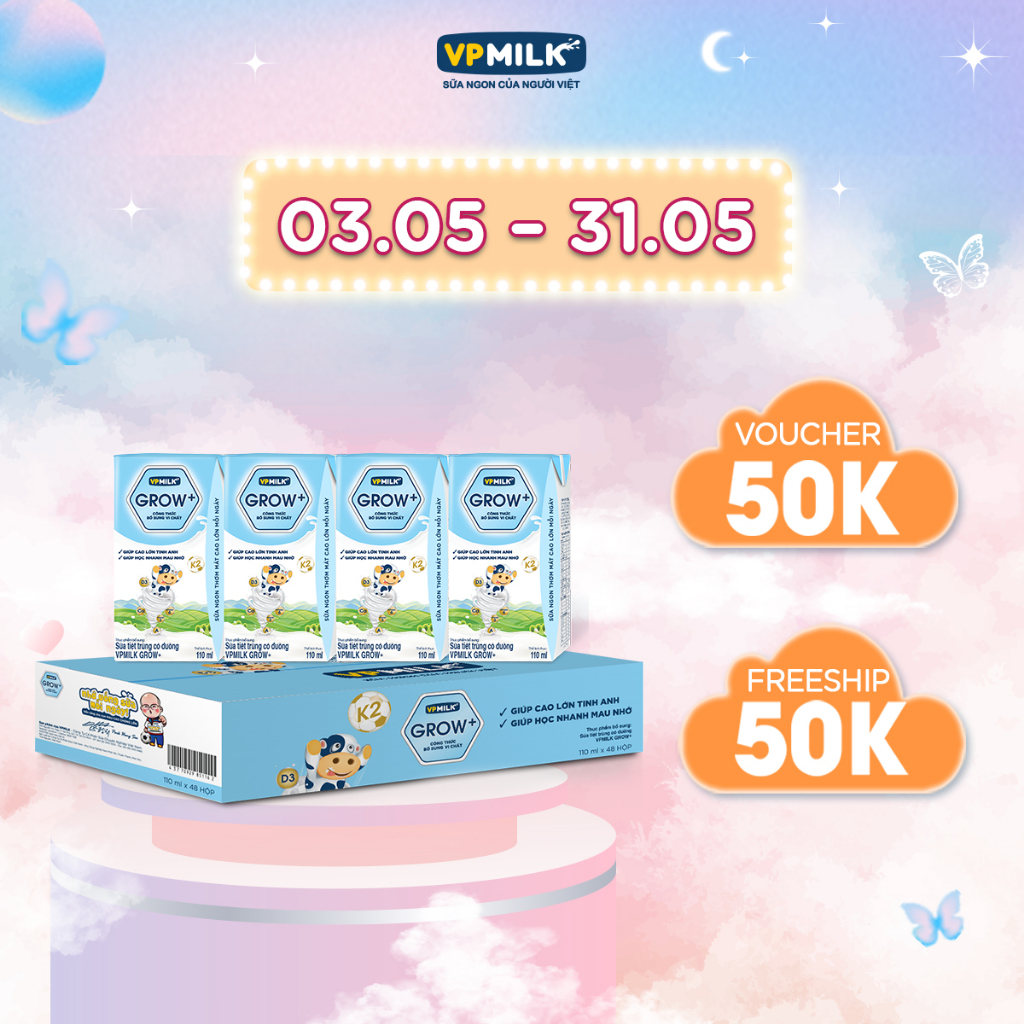 Sữa tiệt trùng VPMilk Grow+ hộp 110ml (thùng 48 hộp)