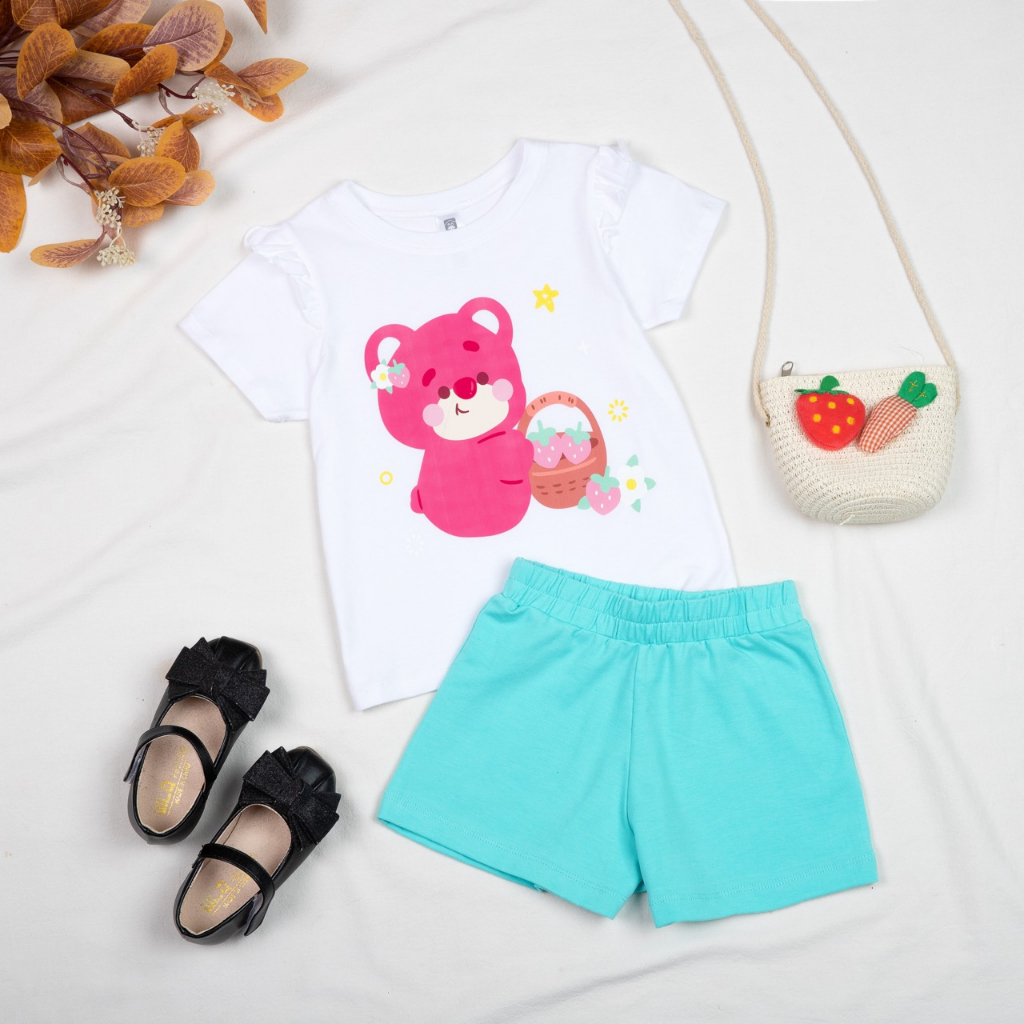 Bộ cộc tay bé gái thun cotton 4 chiều in hình elsa unicorn, bộ đùi bé gái tay ngắn bèo nhí Áo Lá Homewear NNB006