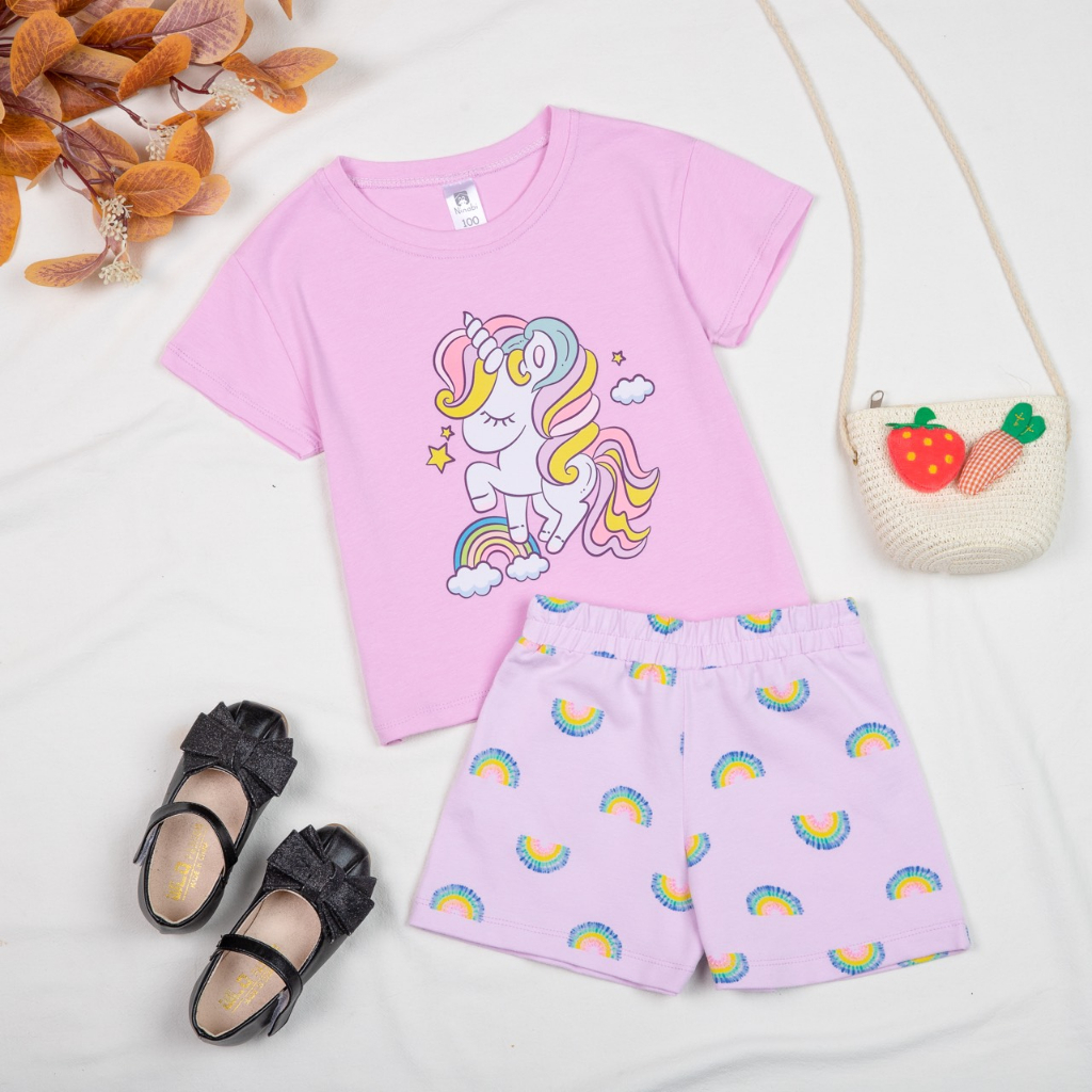 Bộ cộc tay bé gái thun cotton 4 chiều in hình elsa unicorn, bộ đùi bé gái tay ngắn bèo nhí Áo Lá Homewear NNB006