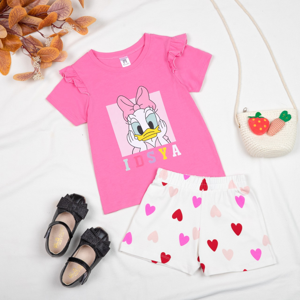 Bộ cộc tay bé gái thun cotton 4 chiều in hình elsa unicorn, bộ đùi bé gái tay ngắn bèo nhí Áo Lá Homewear NNB006