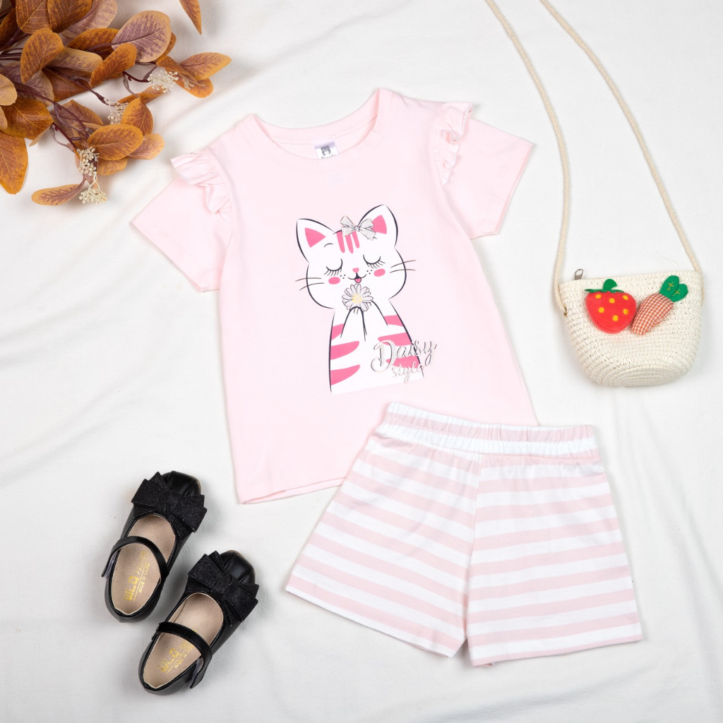 Bộ cộc tay bé gái thun cotton 4 chiều in hình elsa unicorn, bộ đùi bé gái tay ngắn bèo nhí Áo Lá Homewear NNB006