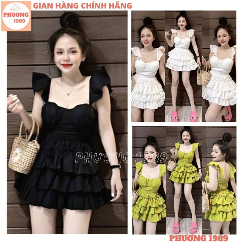 Set áo 2 dây cánh tiên cup ngực kèm chân váy xếp tầng điệu đà, Bộ áo dây body lưng chun phối váy xếp ly bồng bềnh - 1989