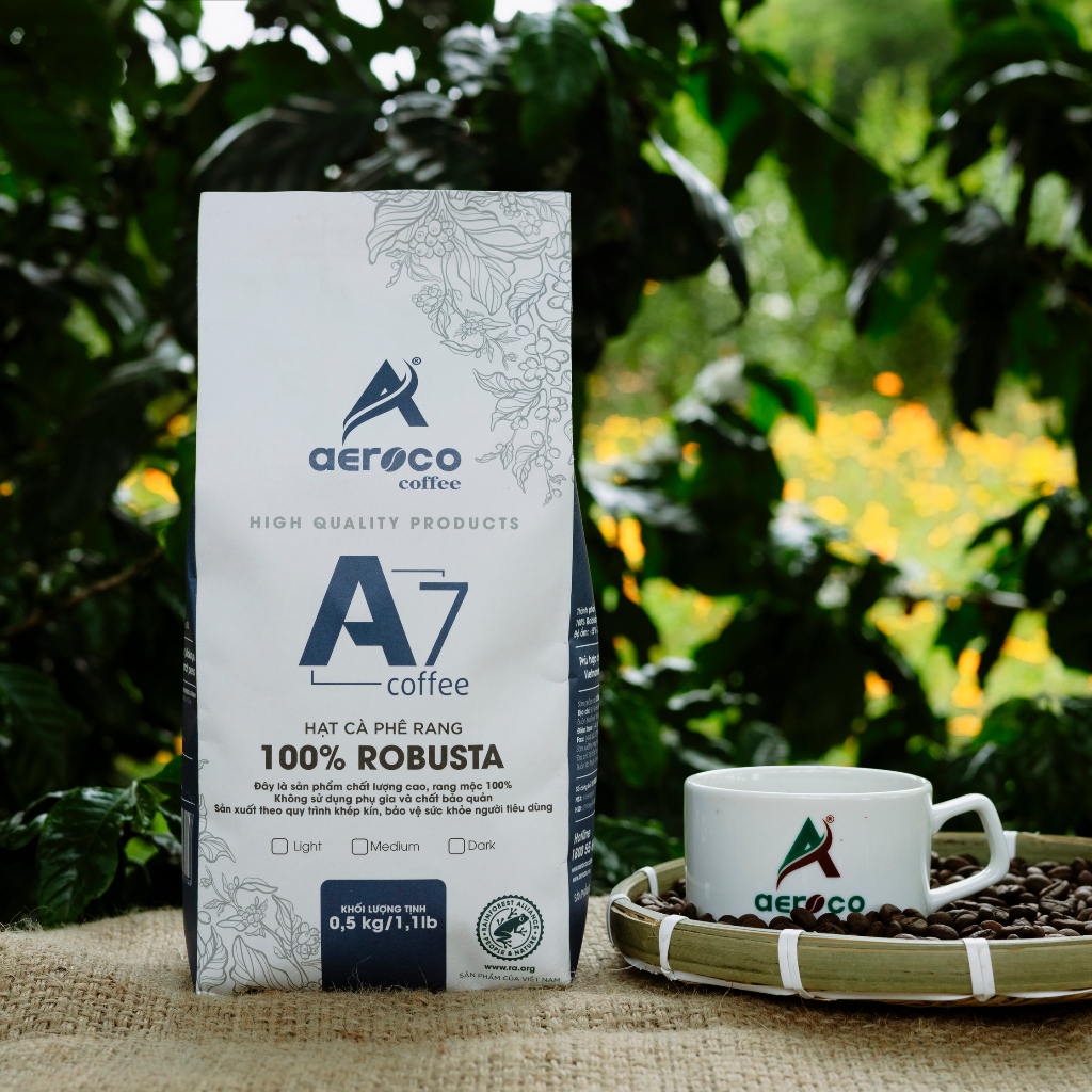 Gói 500g_Cà phê AEROCO HẠT RANG A7 (100% Robusta) nguyên chất 100% rang mộc hậu vị ngọt thơm quyến rũ, phù hợp pha máy v