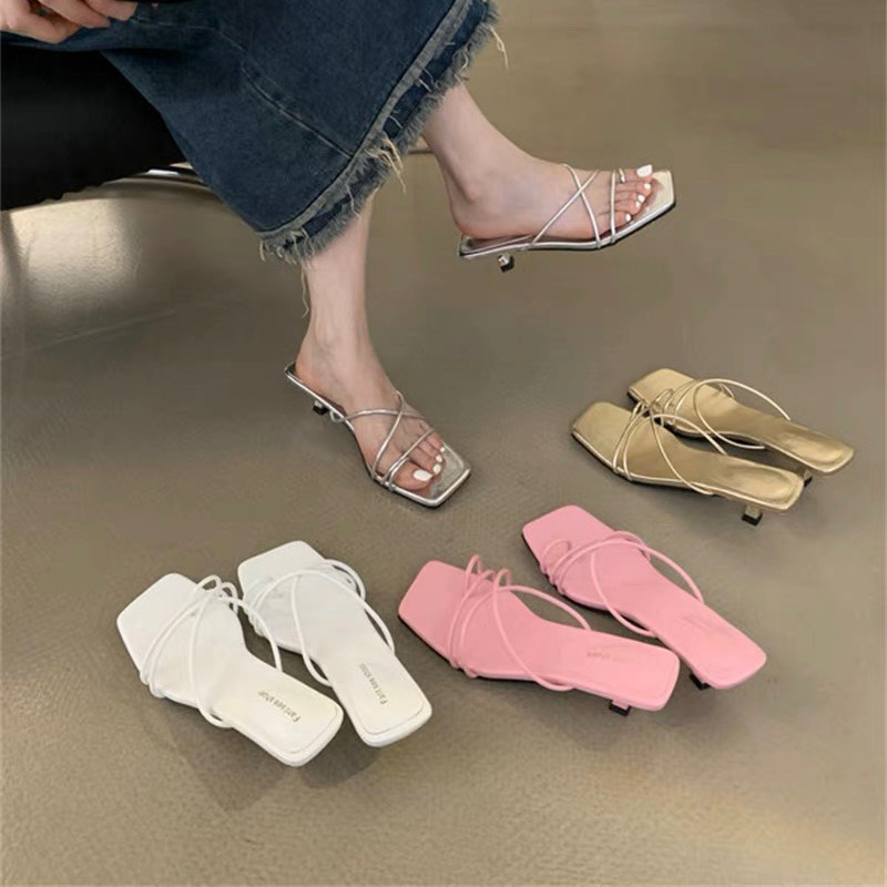 Dép xỏ ngón nữ mũi vuông quai mảnh đế cao 3cm