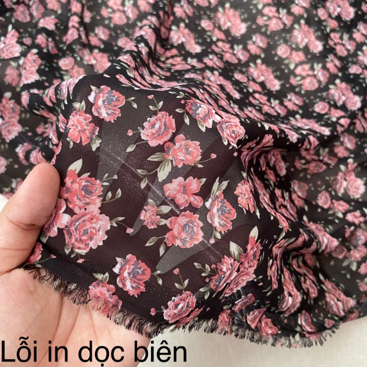 Vải Voan Đen Hoa Lỗi In Dọc Biên Khổ 1m5 - Chất Mềm Rũ, Co Giãn Nhẹ - May Áo Dài, Đầm, Váy, Áo Kiểu Cần Lót