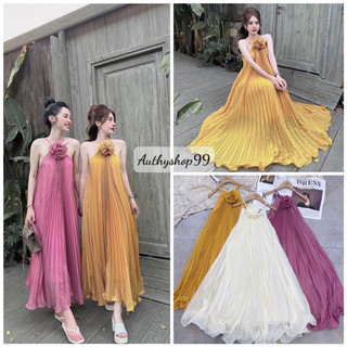 Váy Maxi cổ yếm dập ly hoa ngực đi biển du lịch cực hot