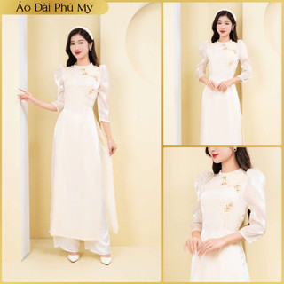 Áo dài voan tơ đính hoa hồng 3D