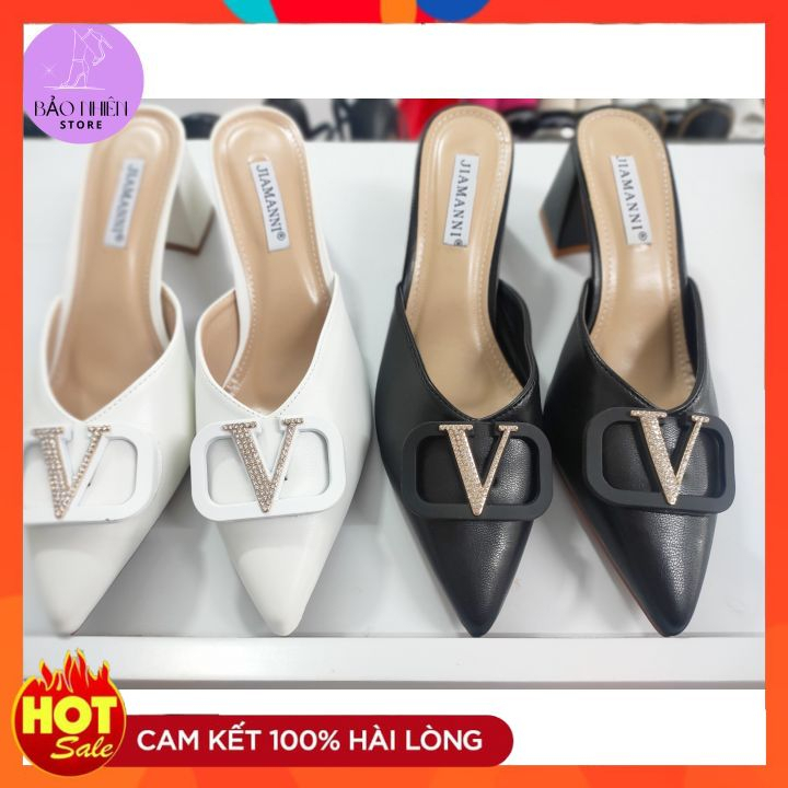 Sục cao gót 5cm BẢO NHIÊN STORE mũi nhọn, gót vuông,mặt đính đá chữ V sáng lấp lánh
