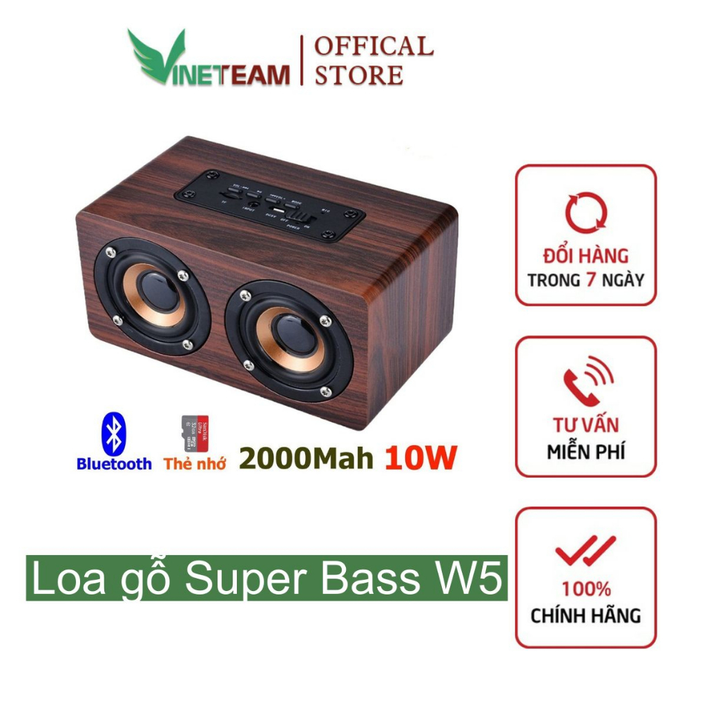 Loa gỗ Super Bass Vinetteam W5 -Loa bluetooth âm thanh nổi HIFI Stereo speaker -DC2179