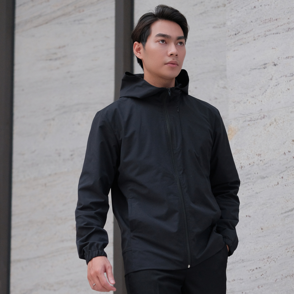 JK010-1 Áo Khoác Thể Thao Nam Running Jacket DOCAS Vải AirSense 2 Lớp Màu Đen Cản Gió Bụi, Siêu Thấm Hút, Khô Siêu Nhanh