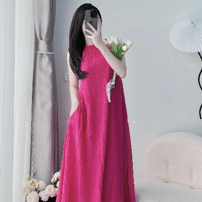 Váy cổ yếm dáng dài mixi đi biển from rộng che khuyết điểm tôn dáng