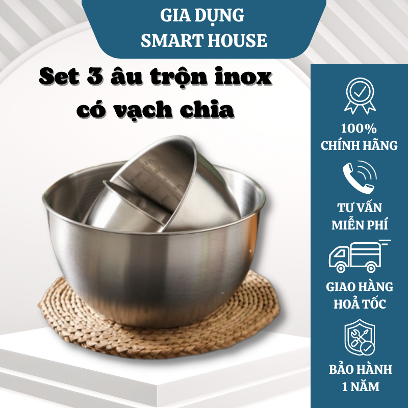 Set 3 bát âu trộn bột trộn salad inox 304 size lớn có vạch chia dung tích đến 2000ml inox chống dính cao cấp