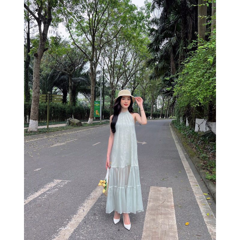 Váy nữ GERME vvnt042308 không tay dáng suông xòe nhẹ cổ buộc nơ sau hàng thiết kế