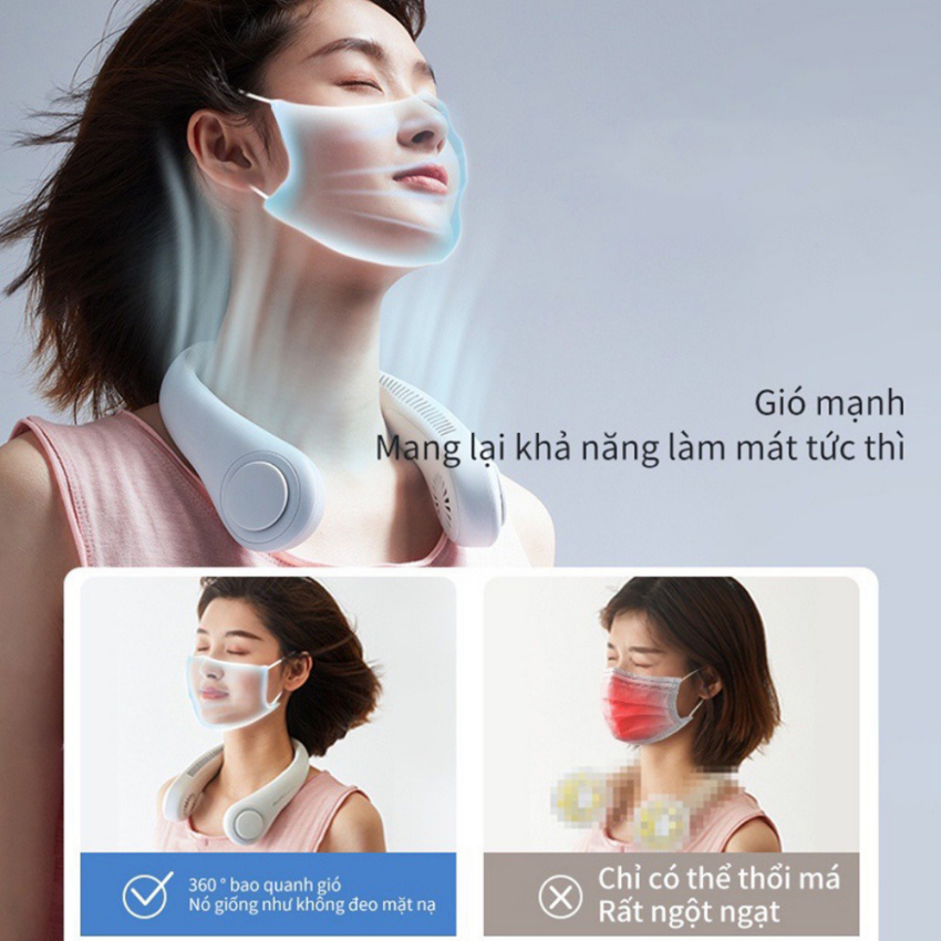 Quạt Đeo Cổ không cánh 3 tốc độ 4000mah mini -  cổng sạc usb tiện lợi, Không Cuốn Tóc - Mẫu mới 2023