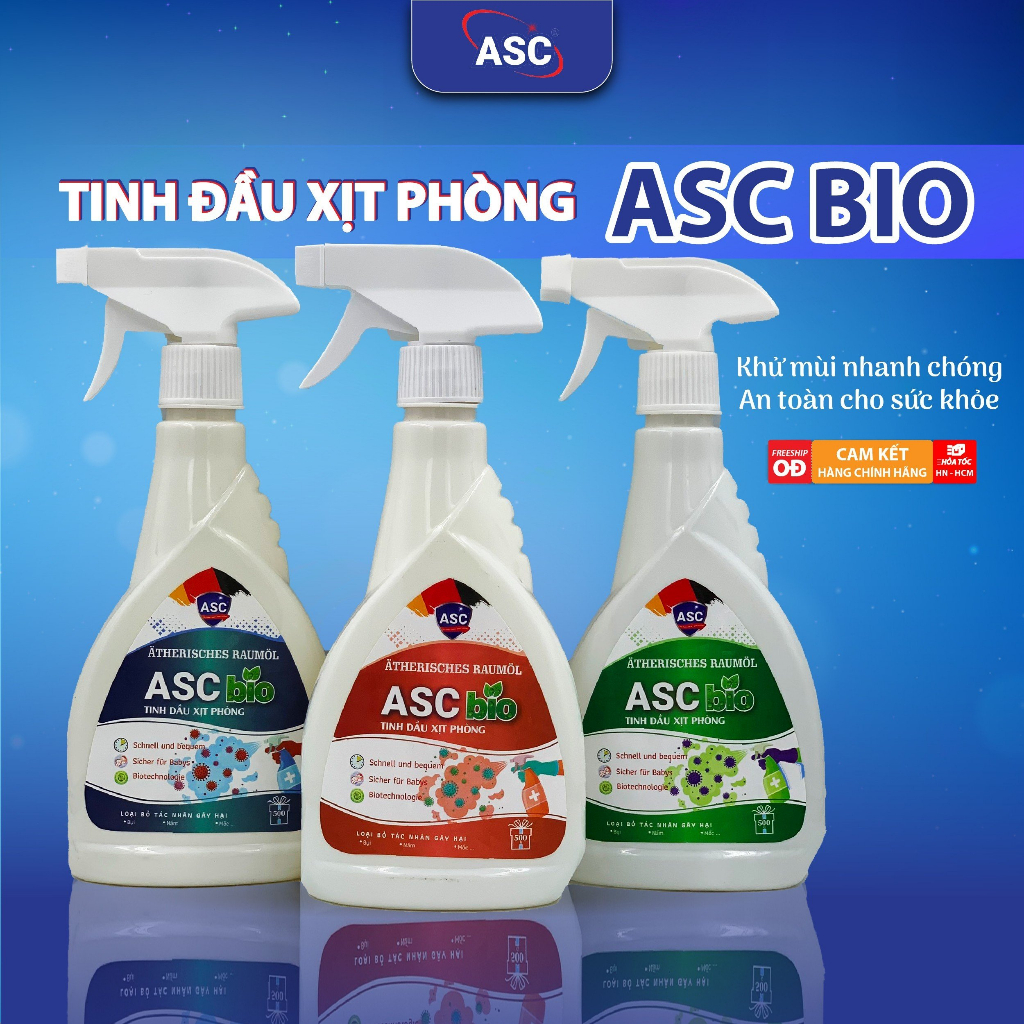 Bình xịt phòng tinh dầu thiên nhiên ASC, khử mùi kháng khuẩn, xịt đuổi muỗi, côn trùng hương quế, bạc hà 500ml