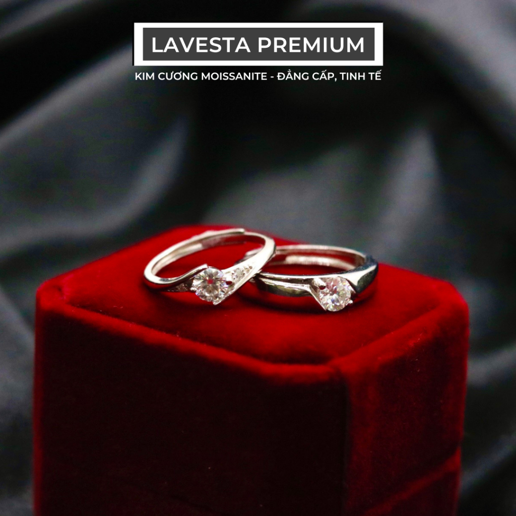Nhẫn đôi nam nữ kim cương Moissanite 5 ly kiểm định GRA, bạc xi bạch kim KC66 LAVESTA Marry Me, trọn đời bên nhau