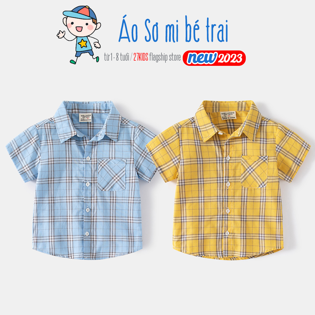 Áo sơ mi cộc tay cho bé WELLKIDS hoạ tiết kẻ caro mẫu mới 2023