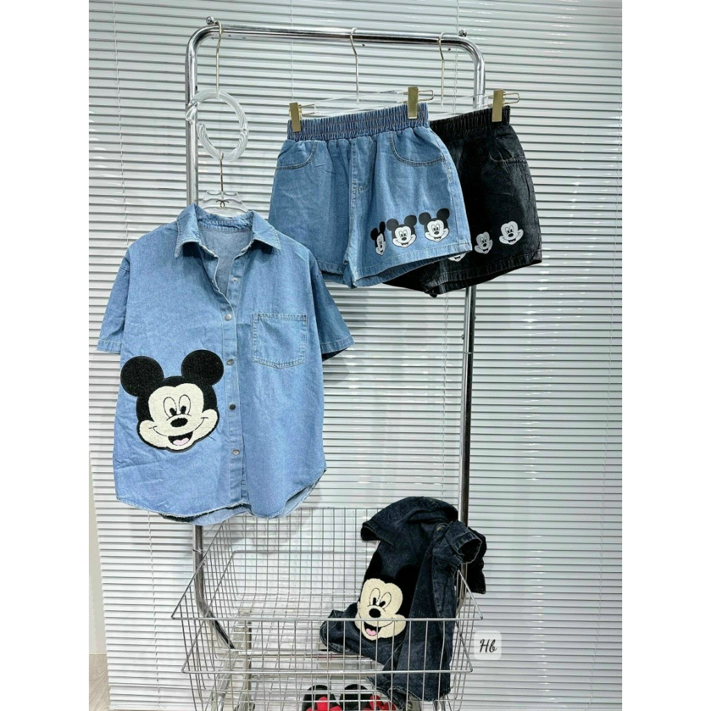 Set jean áo sơ mi hình Mickey có túi kèm quần - Xưởng May LTM-ms-104