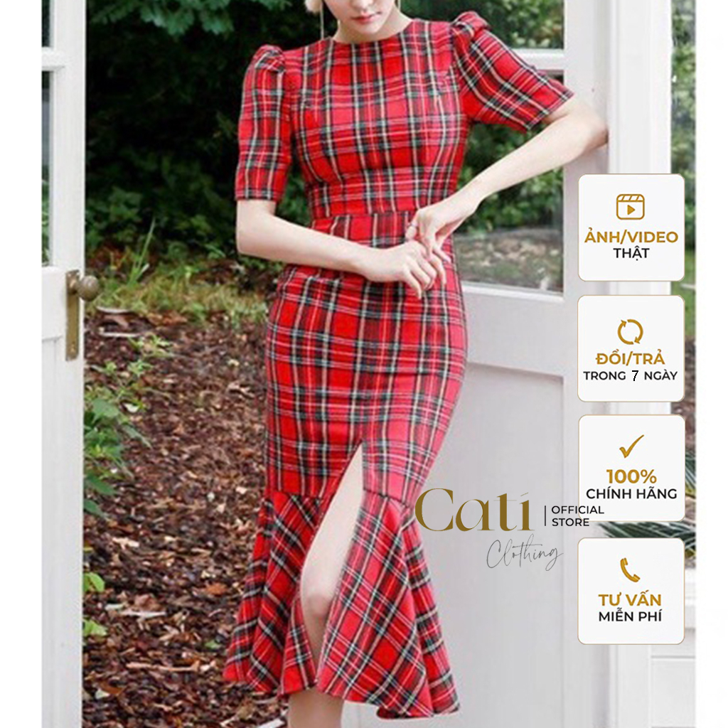 Đầm Midi Đuôi Cá Xả Trước A976, Đầm Dress Cati Kẻ Phối Cực Sang Chất Vải Kiện Dư Cao Cấp Thiết Kế Chanh Xả