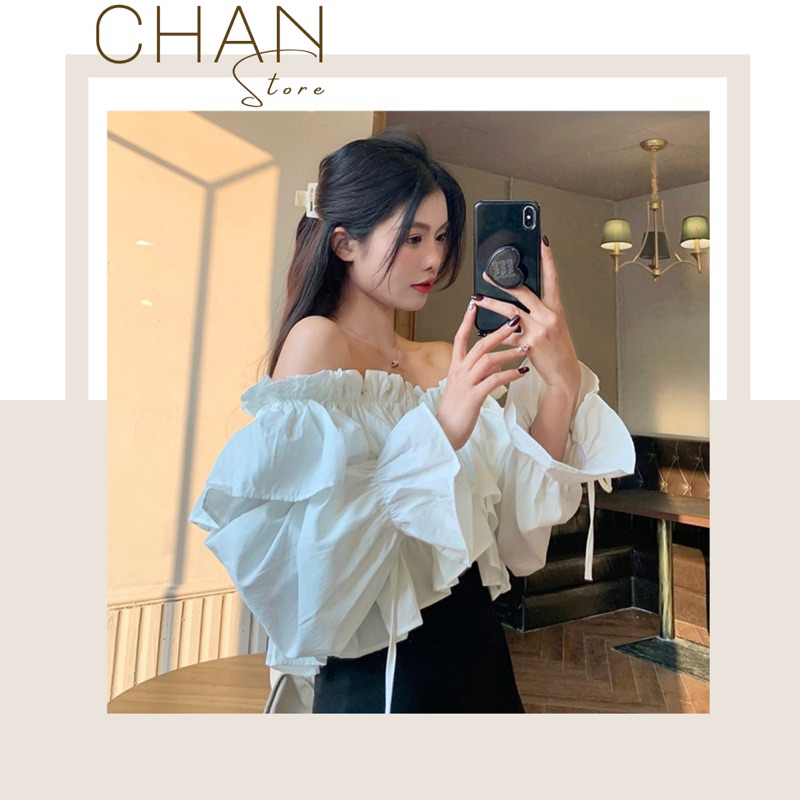 Áo sơ mi trễ vai phối bèo tay phồng dáng rộng phong cách hàn quốc M30