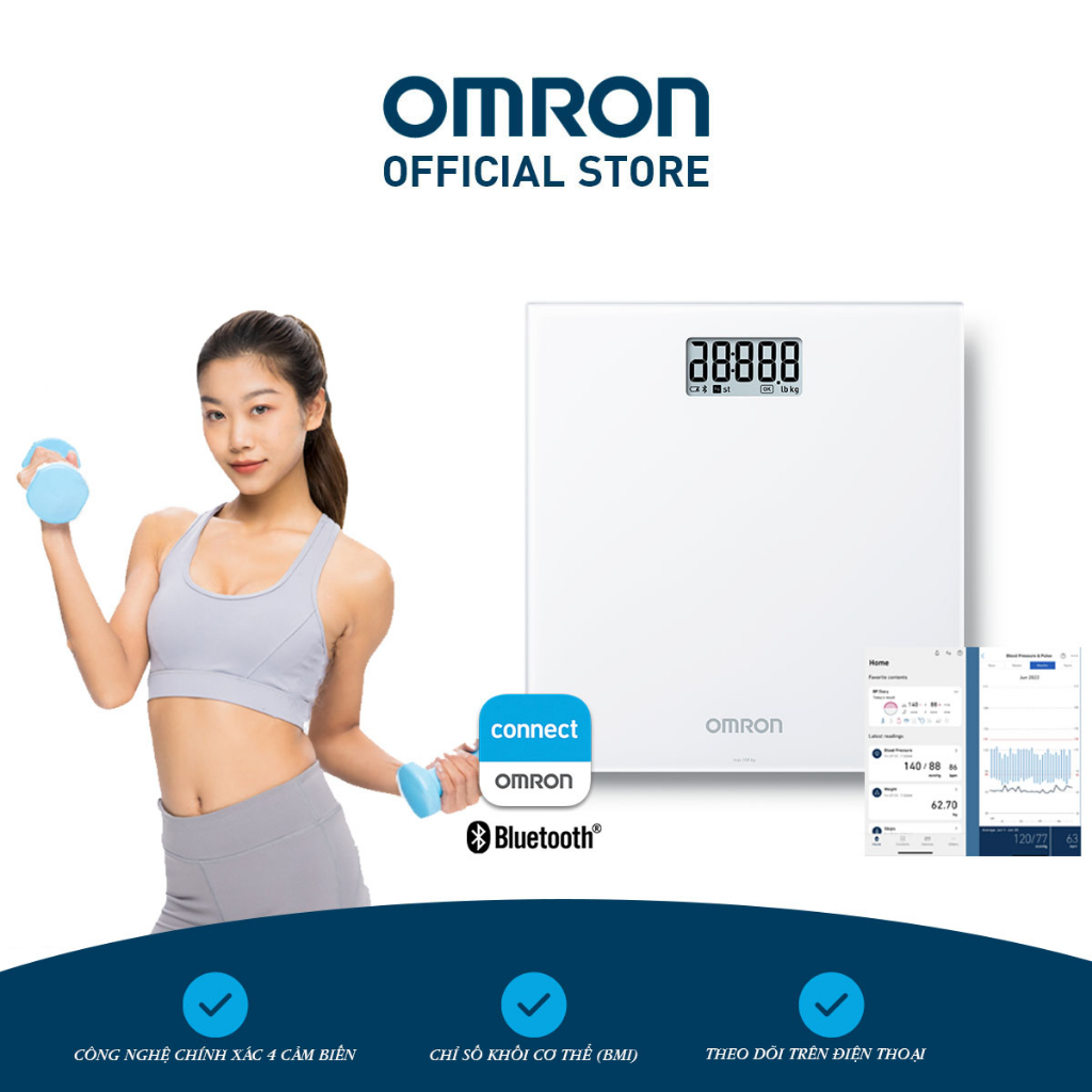 Cân Điện Tử Chỉ Số BMI OMRON HN-300T2 - Kết Nối Điện Thoại - Thương Hiệu Nhật Bản