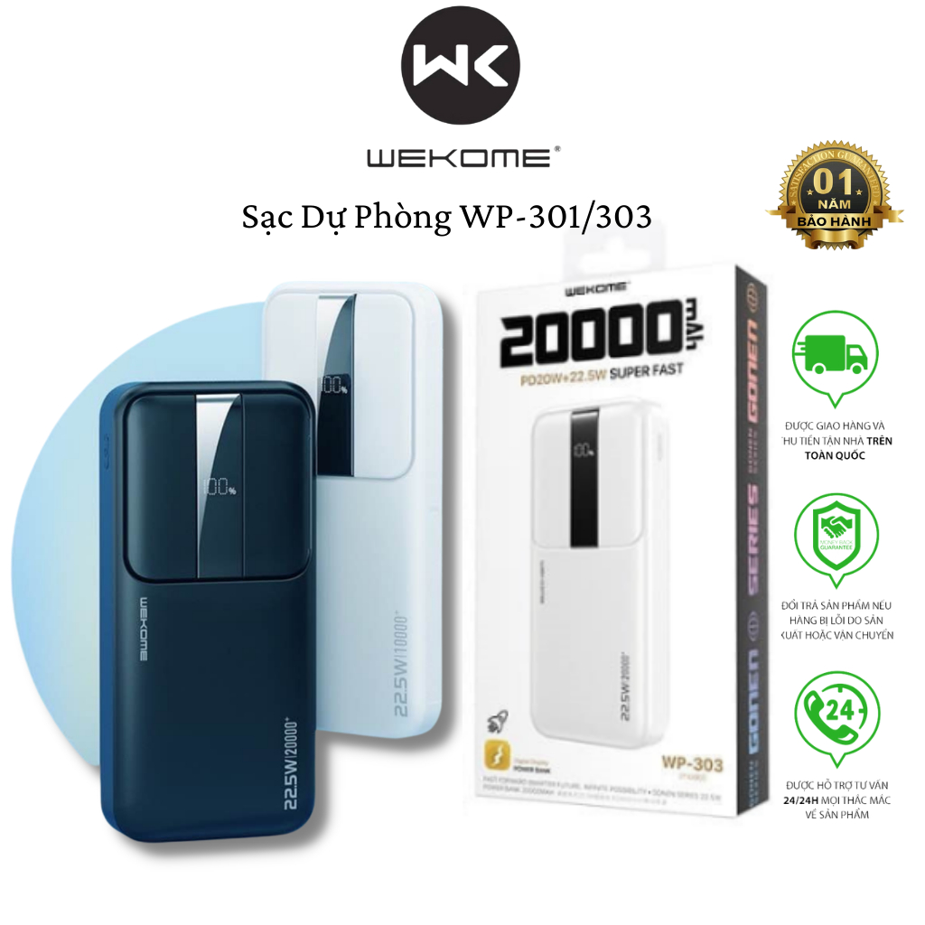 Sạc Dự Phòng WEKOME WP 301/303 Sạc Nhanh P.D 20W Tích Hợp Màn Hình LED Dung Lượng 10.000/20.000 mAh