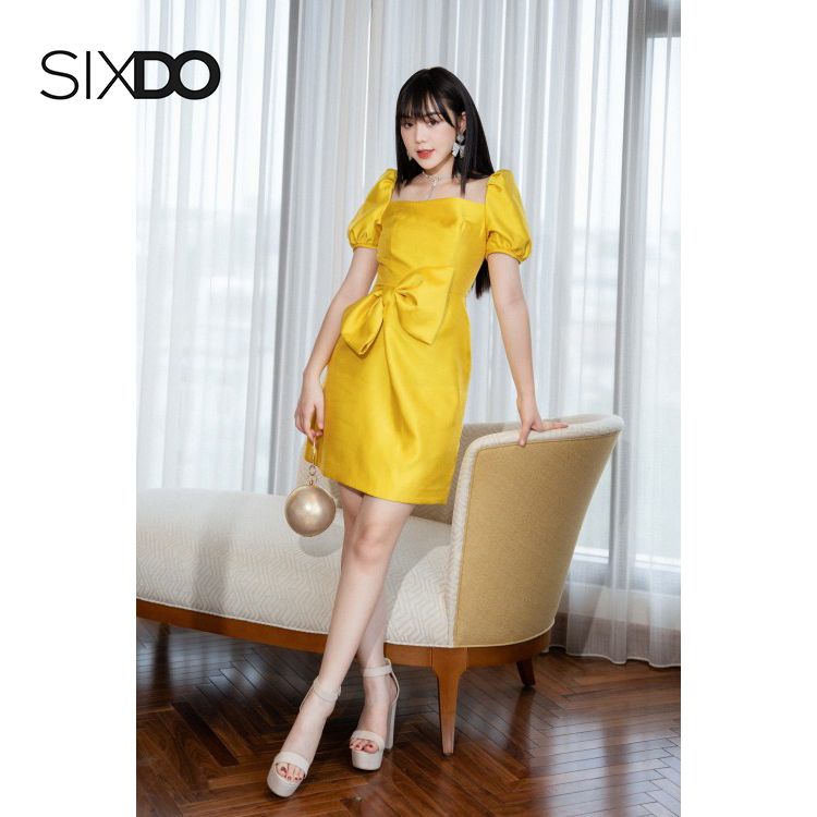Đầm cổ vuông tay bồng phối nơ eo thời trang SIXDO