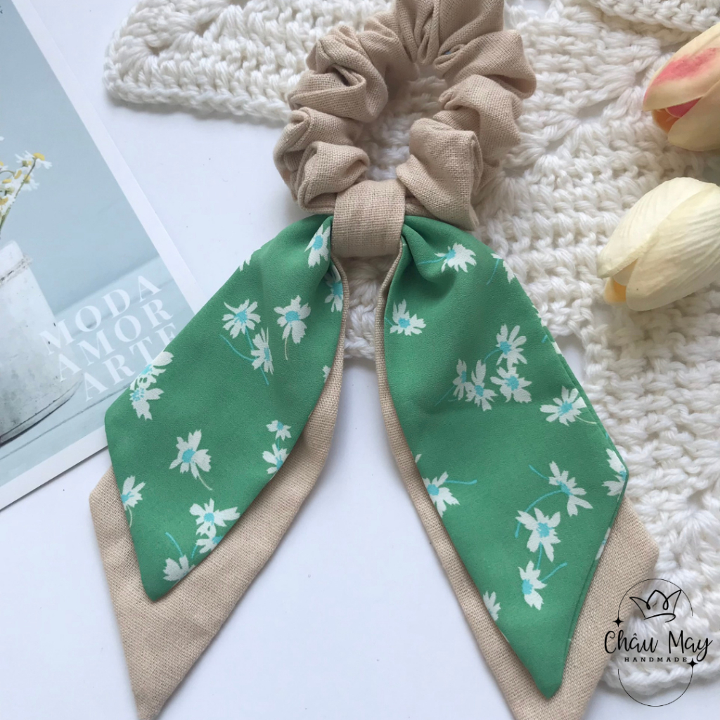 Dây cột tóc vải nơ dài scrunchies nơ xinh xắn dễ thương buộc tóc tiểu thư vintage Châu May handmade