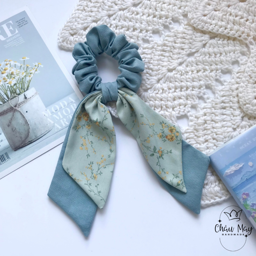 Dây cột tóc vải nơ dài scrunchies nơ xinh xắn dễ thương buộc tóc tiểu thư vintage Châu May handmade