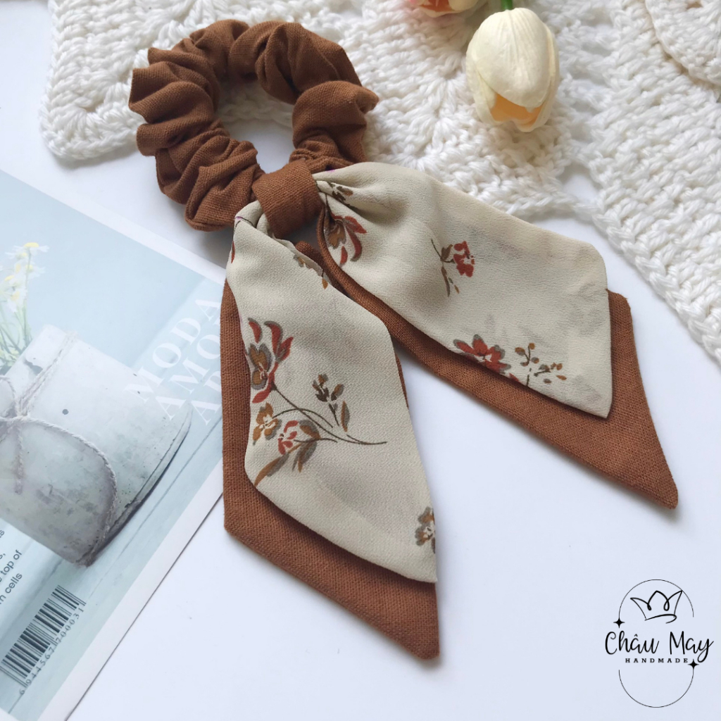 Dây cột tóc vải nơ dài scrunchies nơ xinh xắn dễ thương buộc tóc tiểu thư vintage Châu May handmade