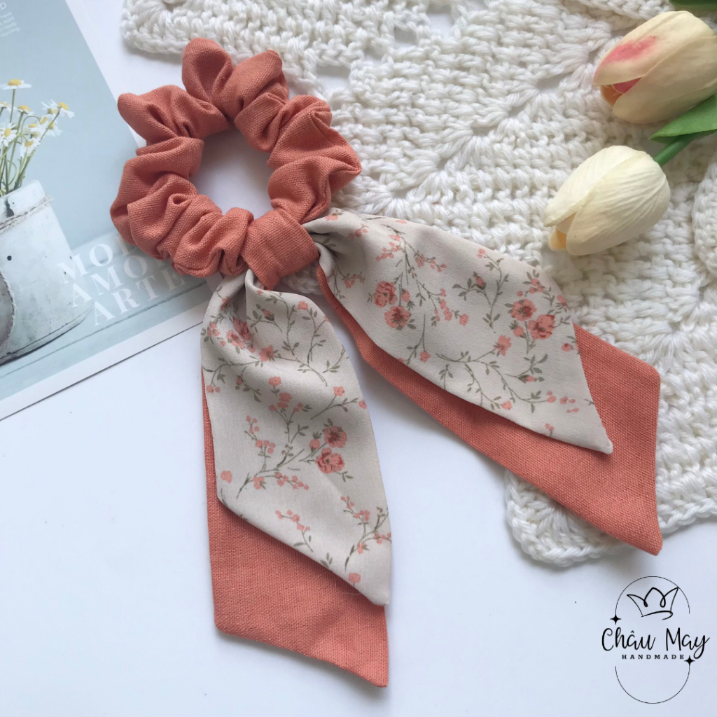 Dây cột tóc vải nơ dài scrunchies nơ xinh xắn dễ thương buộc tóc tiểu thư vintage Châu May handmade