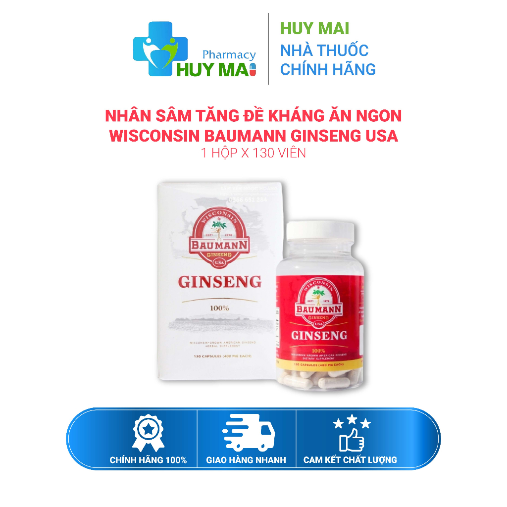 Nhân sâm tăng đề kháng ăn ngon Wisconsin Baumann Ginseng USA Hộp 130 viên/30 viên