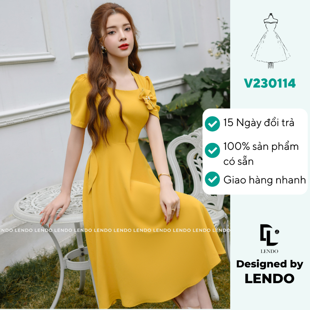Đầm công sở ngắn tay, Váy cổ vuông dáng xòe màu vàng LENDO V230114