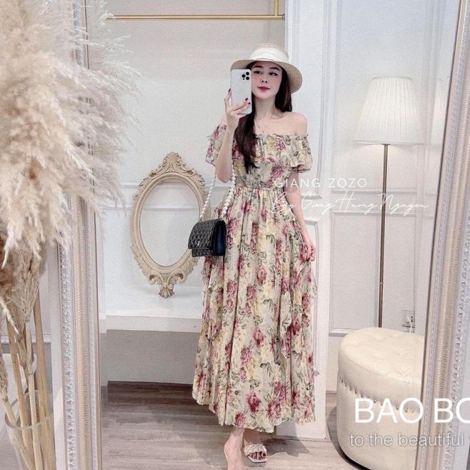 Đầm hoa bẹt vai sườn bèo - Bao Boi
