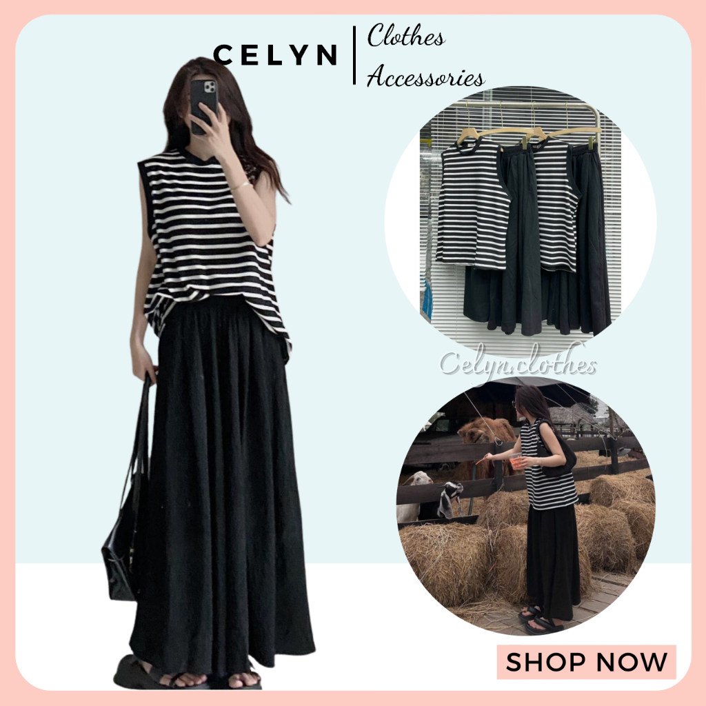 Set áo sát nách kẻ ngang kèm quần suông rộng Celyn.clothes