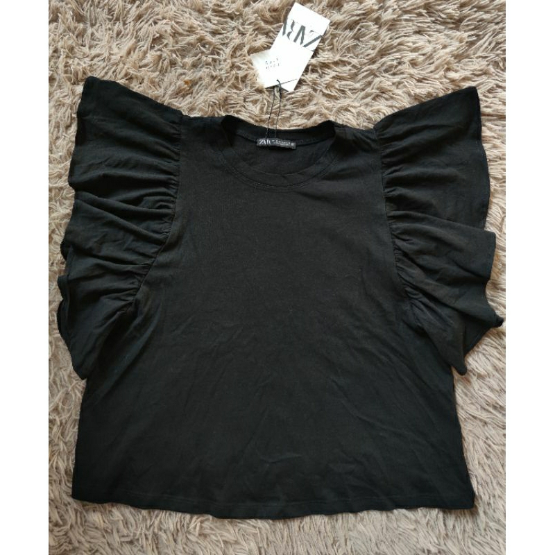 ZARA AUTHENTIC  Áo thun kiểu tay bèo Zara màu đen size S