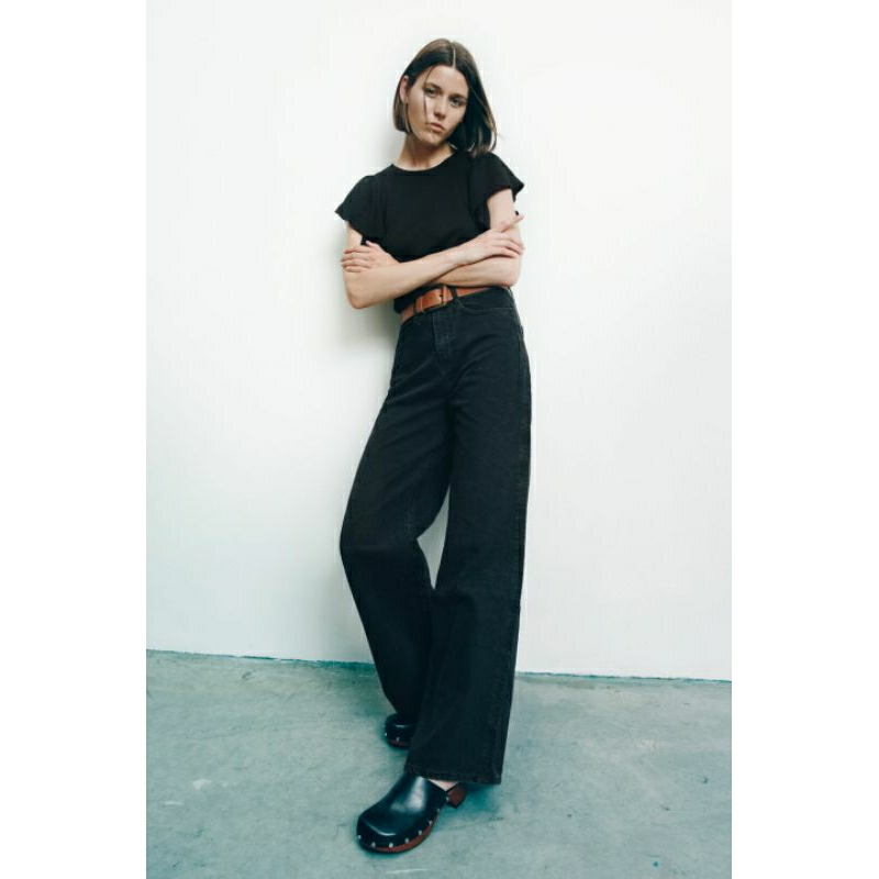 ZARA AUTHENTIC  Áo thun kiểu tay bèo Zara màu đen size S