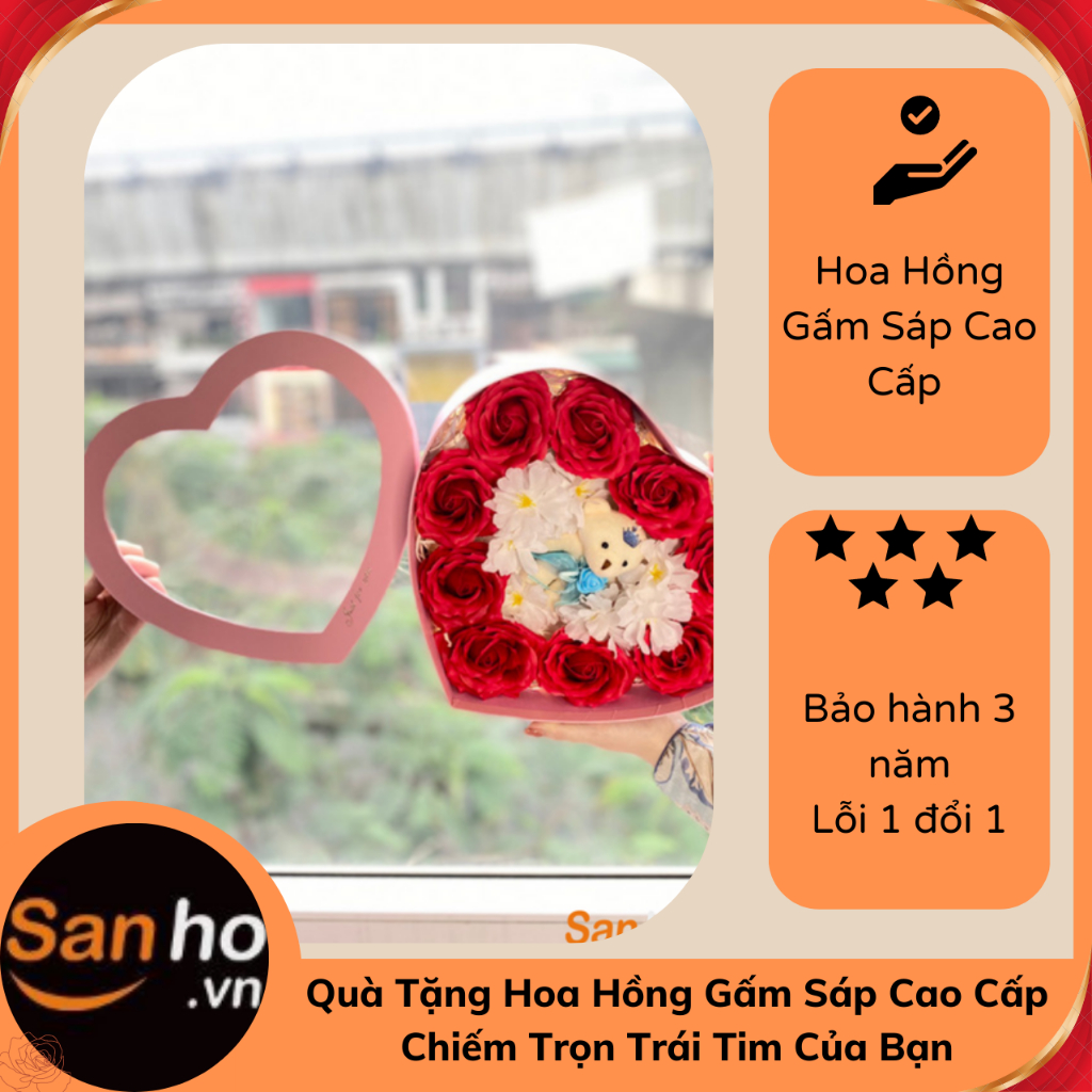 Hộp HOA HỒNG GẤM SÁP CAO CẤP TRÁI TIM 9 BÔNG