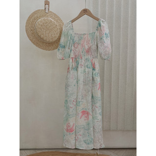 Váy Green Floral cổ U chun thân 9106
