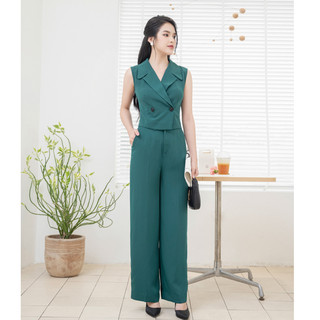 Set công sở xanh cổ vịt gồm áo sát nách cổ vest phối quần uống suông sang trọng Orchid - AH14S194